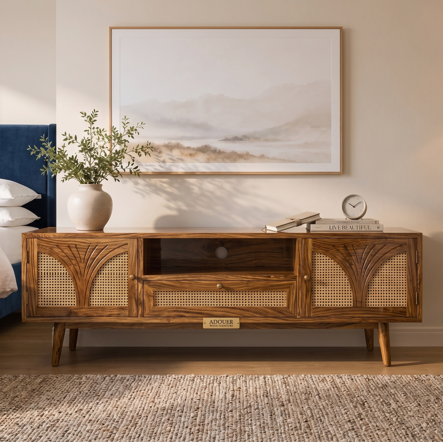 A mid-century modern wooden TV stand or media console with woven cane panels, styled in a bedroom setting under a framed landscape print.