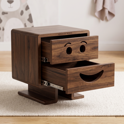 Sheesham Wooden nightstand with smiley face design on drawers in a room setting