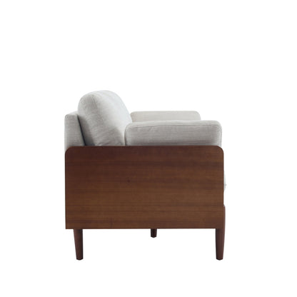 Sofa with wooden armrests on a white background