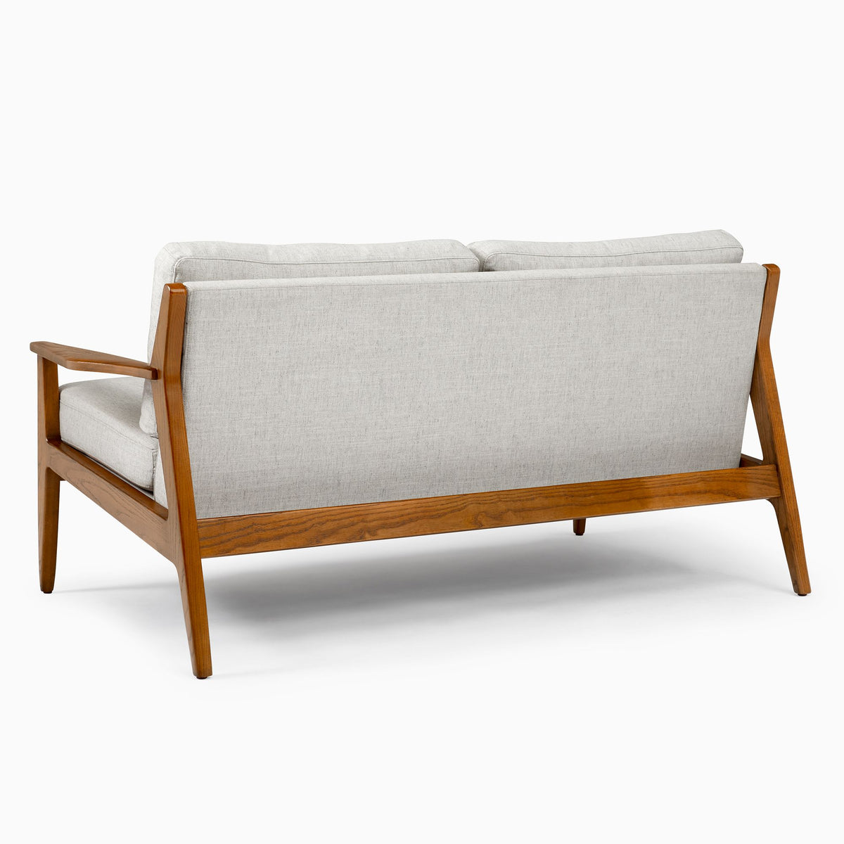 Sofa with wooden frame and light gray cushion on a white background