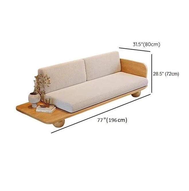 Sofa with wooden shelf and measurements on a white background