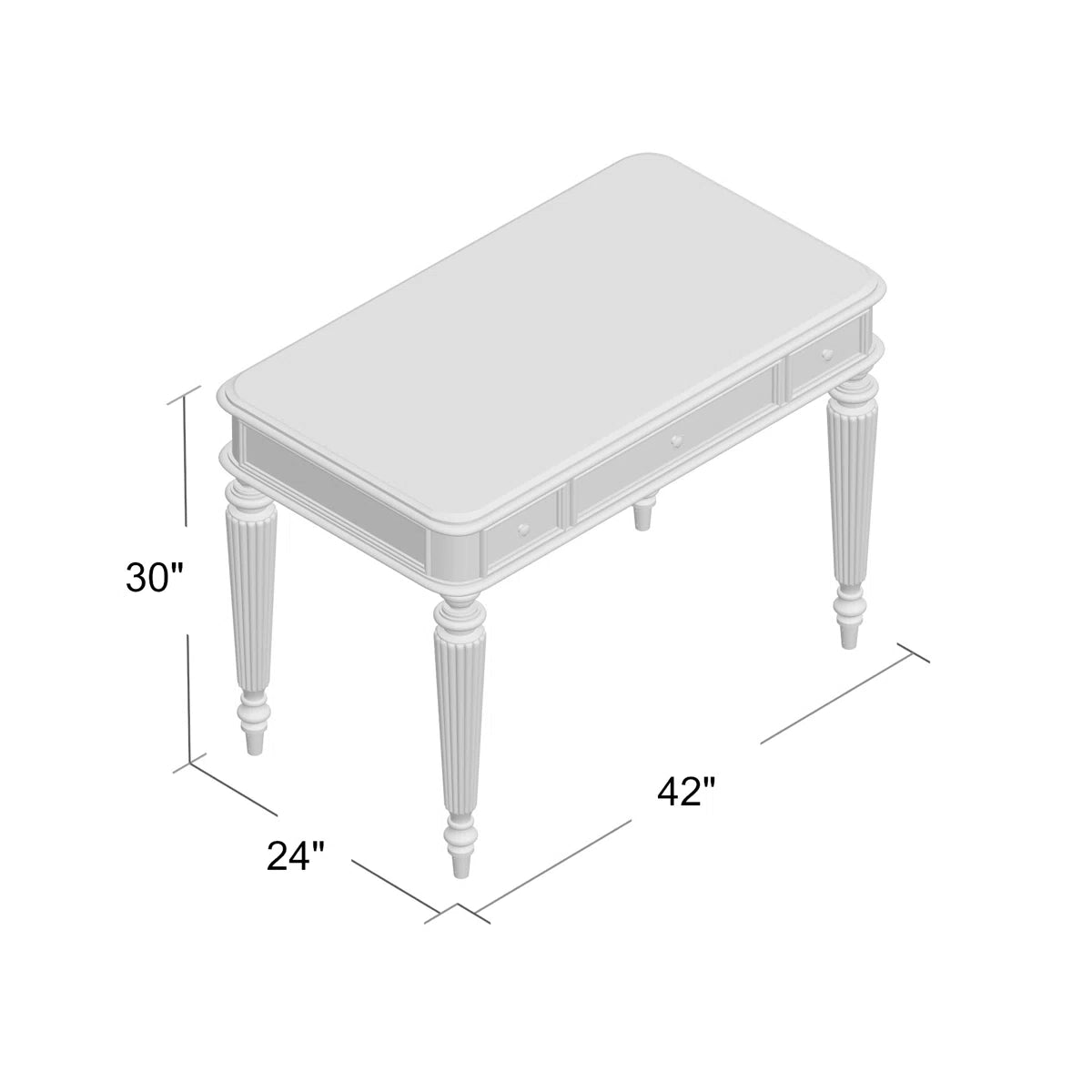 White bench with dimensions labeled on a white background
