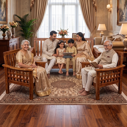 A family of five dressed in traditional Indian attire sits and stands in an ornate, traditional Indian living room with wooden furniture, a large patterned rug, and warm lighting.