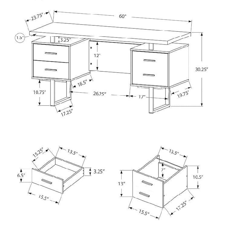 Technical drawing of a desk with dimensions and component views.