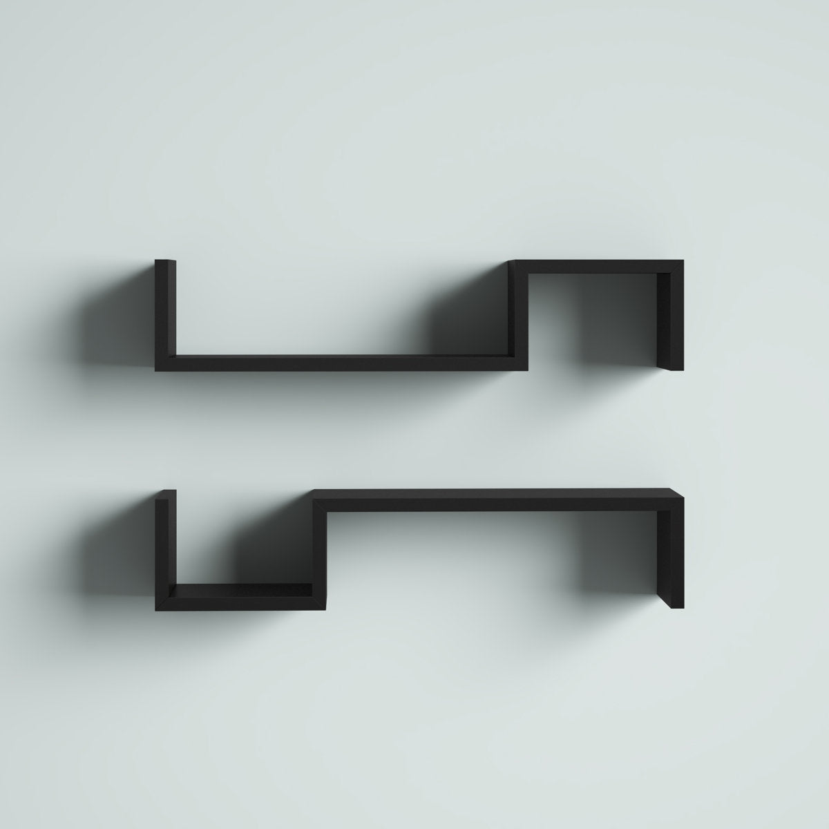 Two black wall shelves on a light gray background