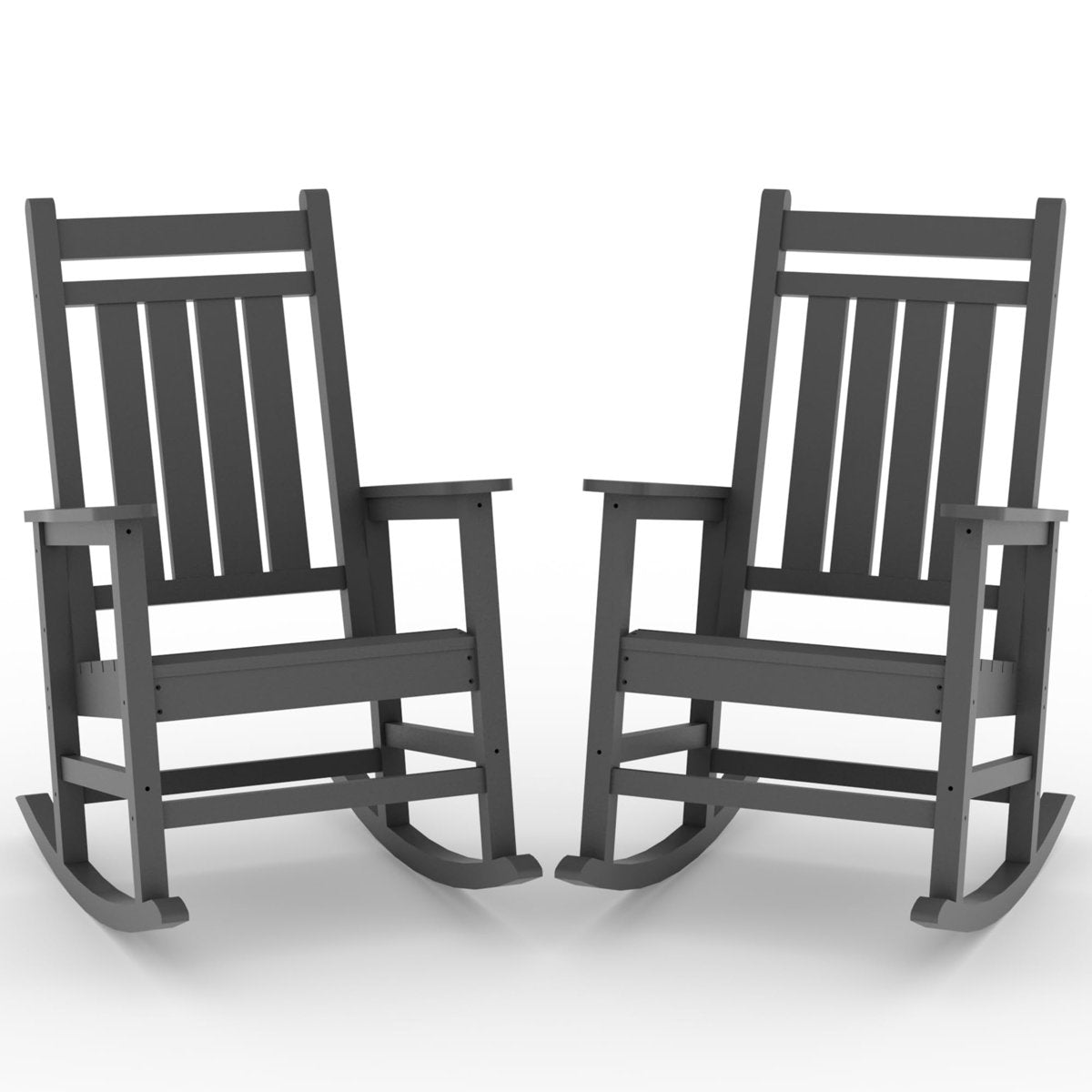Two gray rocking chairs on a white background
