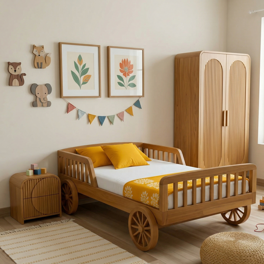 Children's room with wooden bed, wardrobe, and wall decorations.