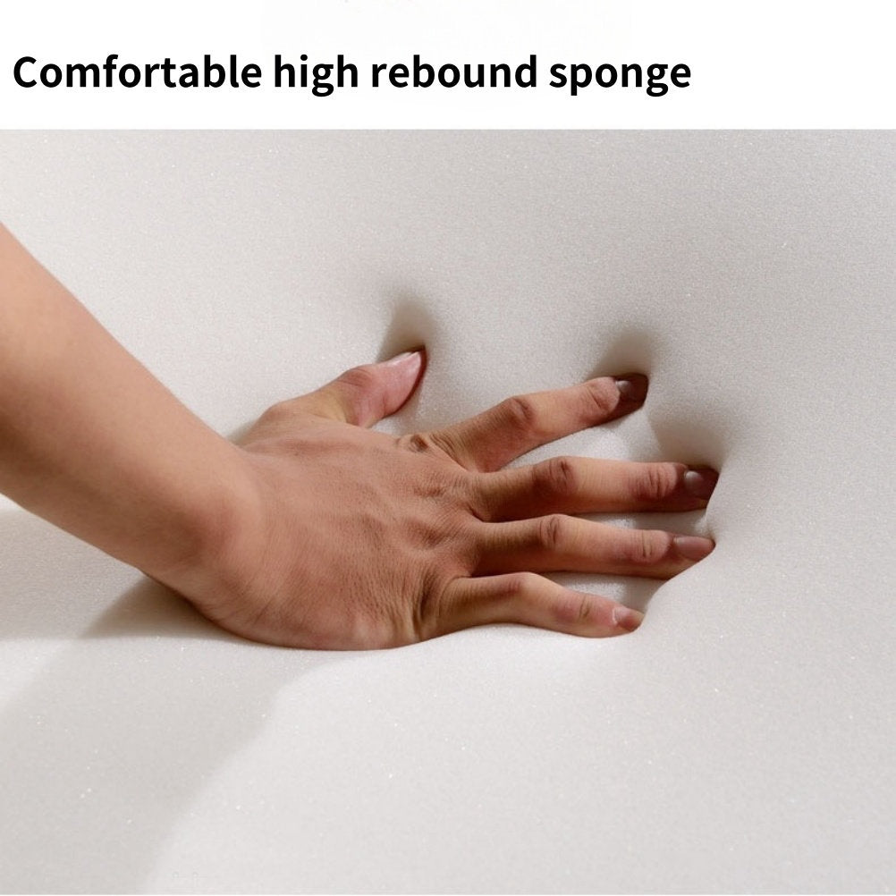 Hand pressing into a white high rebound sponge with text 'Comfortable high rebound sponge'.
