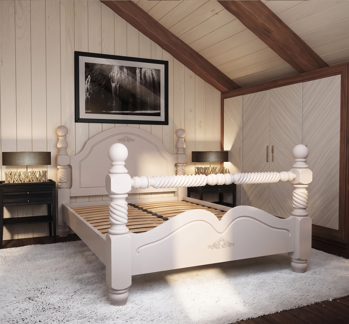 White wooden bed in a room with wooden beams and a painting on the wall.