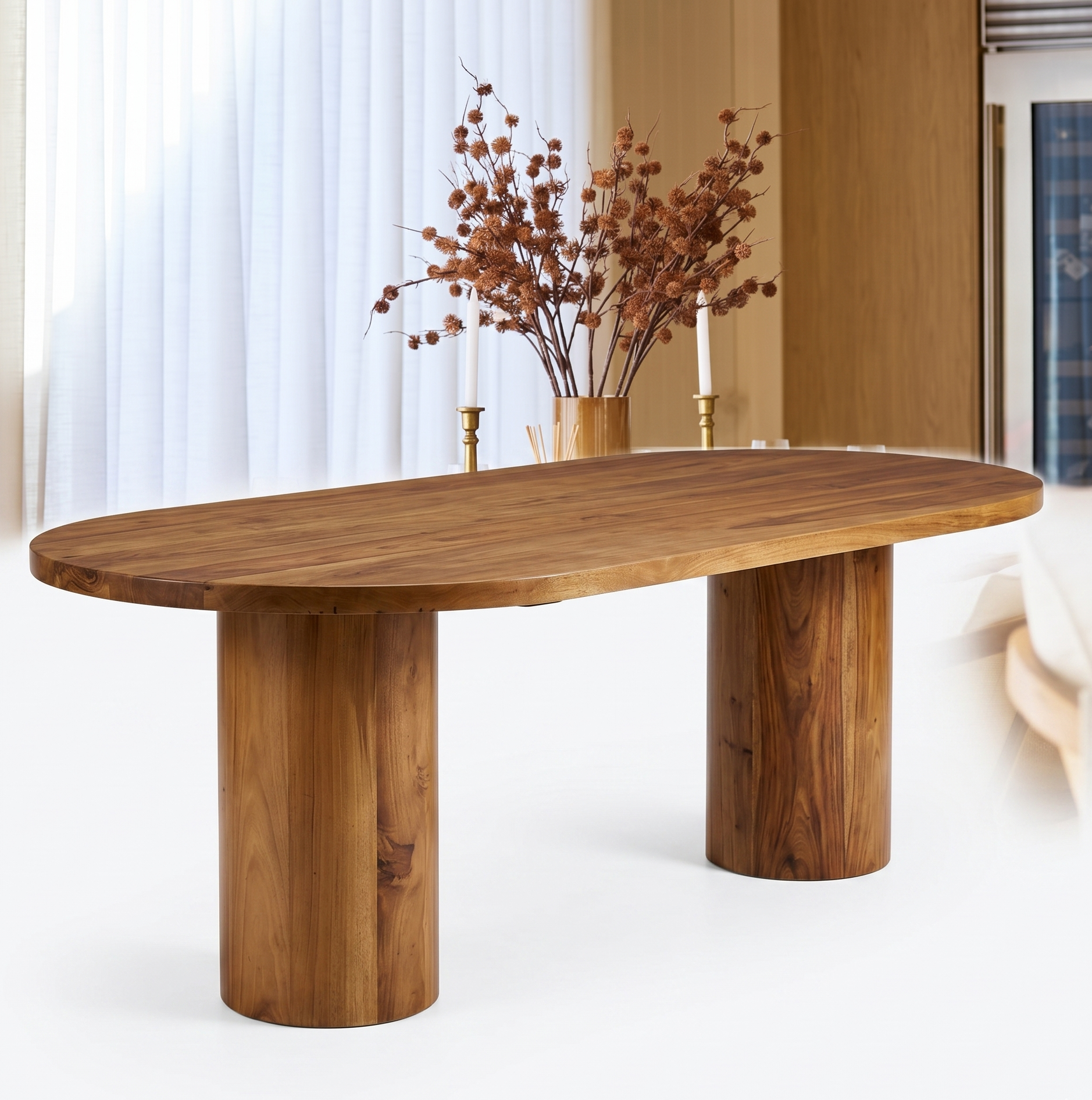 Wooden dining table with a vase of dried flowers on a white background