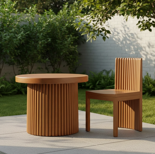 Wooden outdoor table and chair set on a patio with greenery in the background