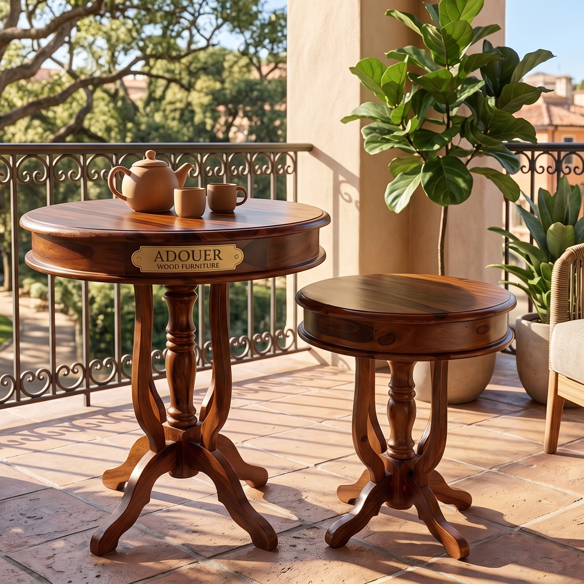 Wooden table with teapot and cups on a balcony with plants and railing.