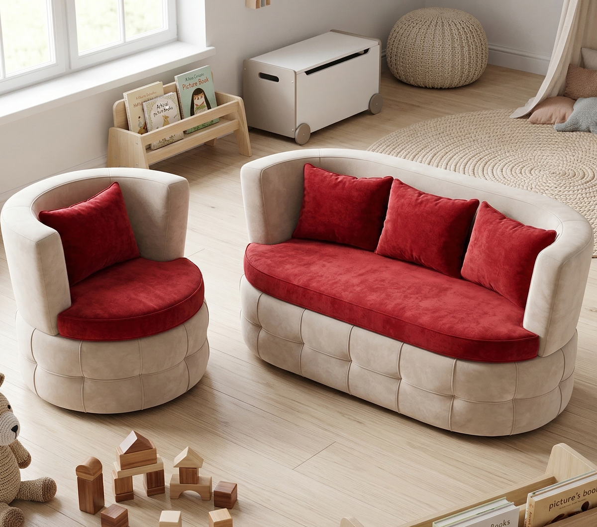 Children's furniture set with red cushions on a beige sofa and chair in a room with toys and books.