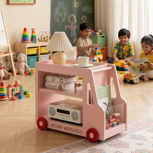 Children's room with a pink toy cart, books, and toys on a wooden floor.