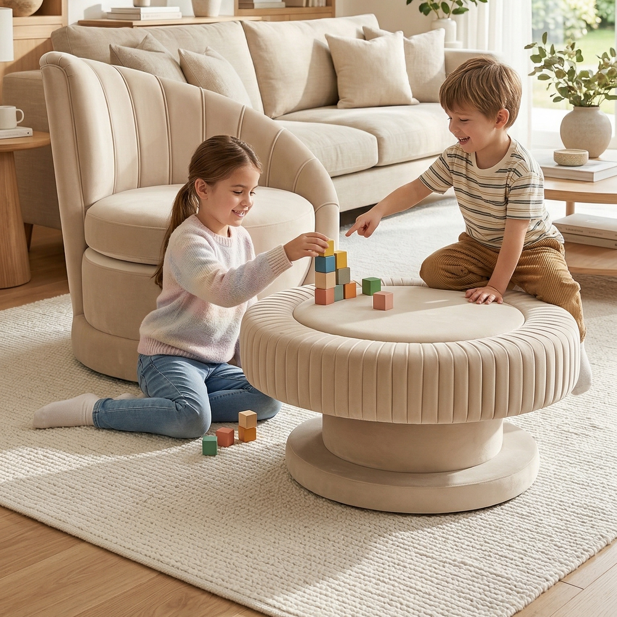 Two children playing with building blocks on a round beige coffee table in a living room.