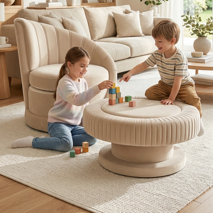 Two children playing with building blocks on a round beige coffee table in a living room.