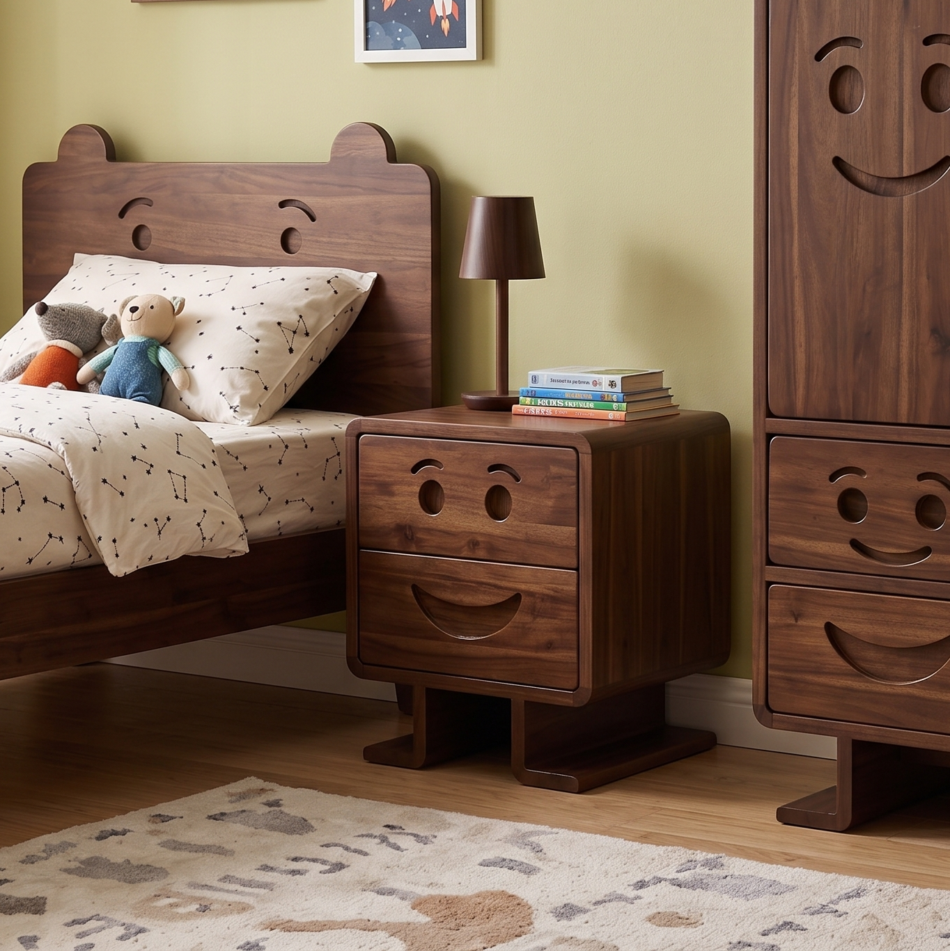 Children's bedroom with wooden furniture featuring smiley face designs.