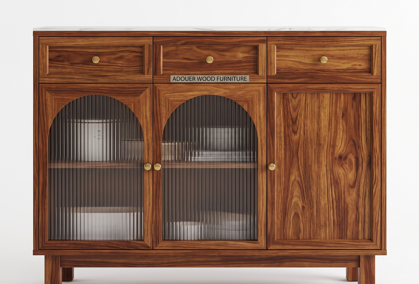 A wooden sideboard cabinet with a rich brown wood grain finish, featuring three drawers on top, two arched glass-front doors with vertical ribbed glass panels, and a right-side solid wood door. Small brass knobs are used for handles, and a metal sign on the front reads 'ADOUER WOOD FURNITURE'.