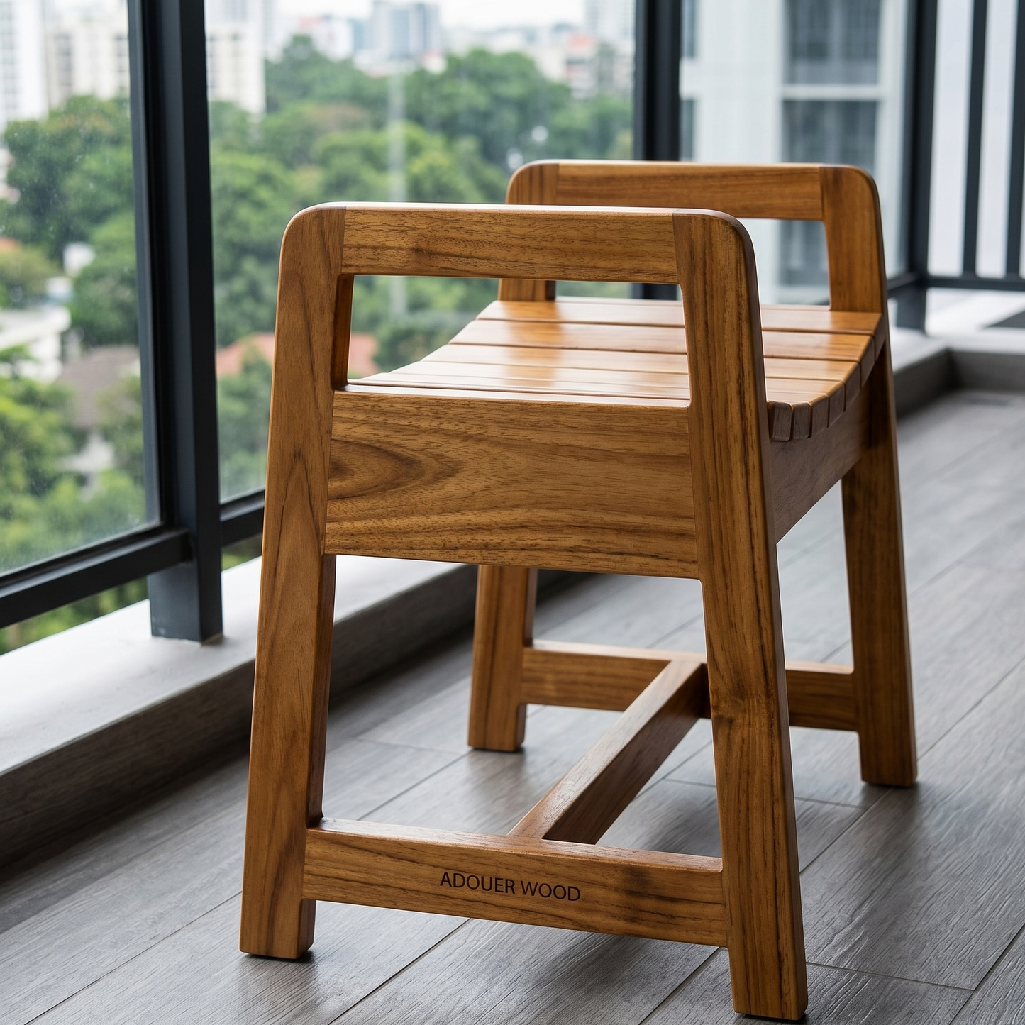 Unique Wooden step stool with 'ADOUER WOOD' branding on a wooden floor with a cityscape view.