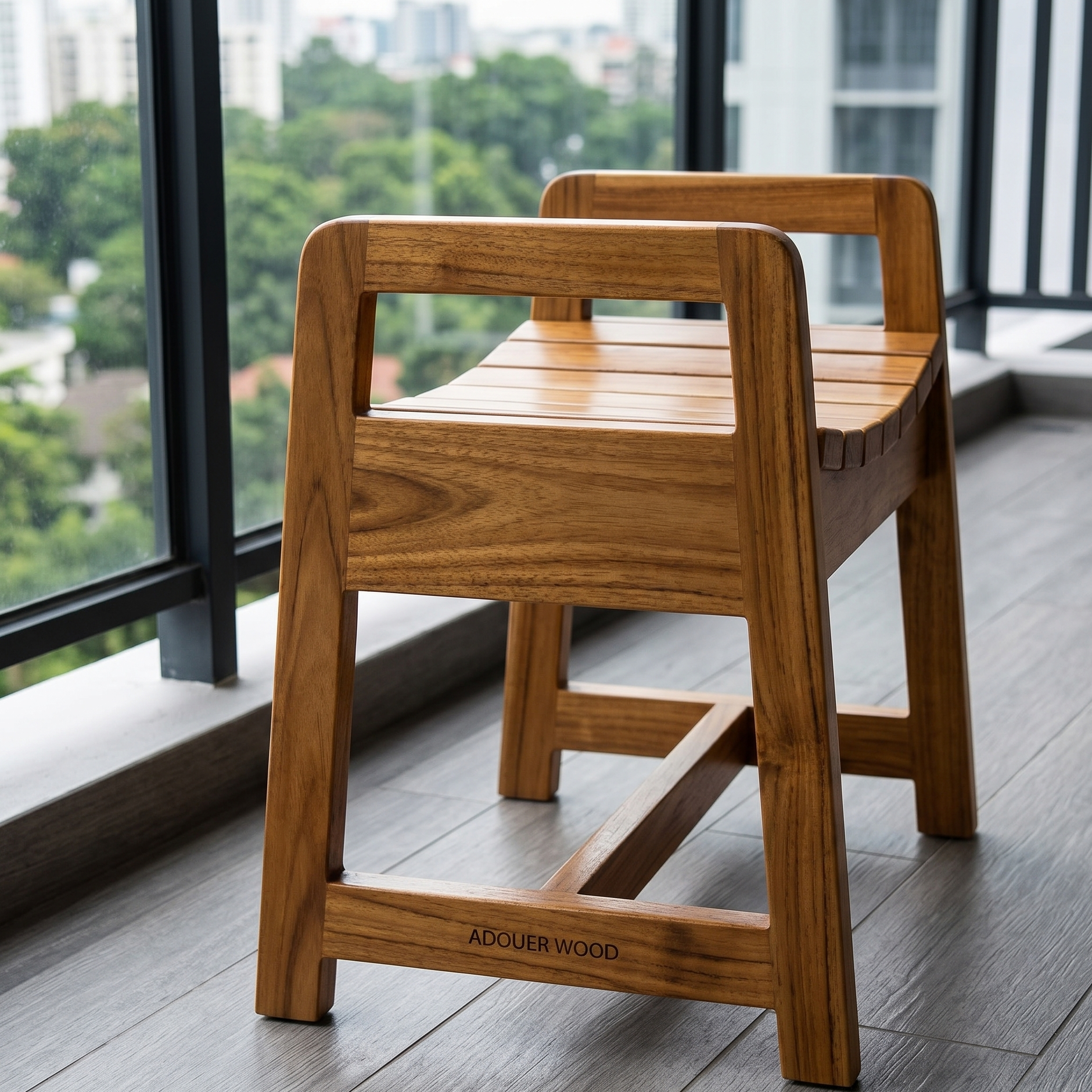 Unique Wooden step stool with 'ADOUER WOOD' branding on a wooden floor with a cityscape view.