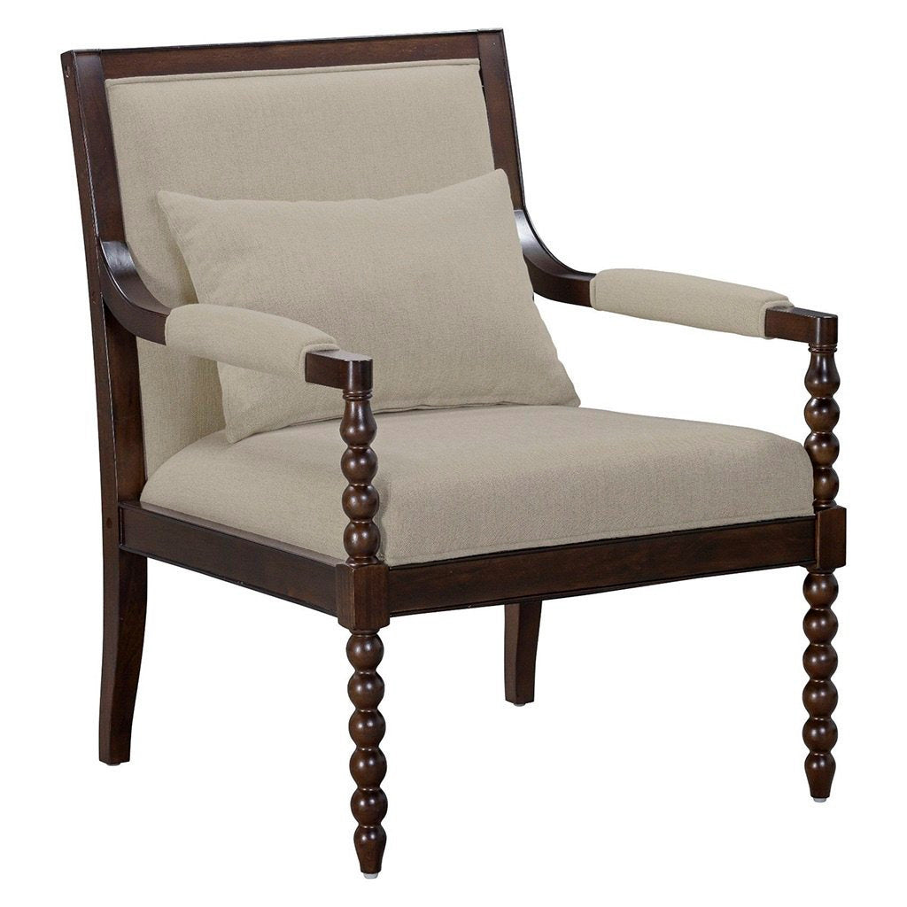 Chair with wooden frame and beige cushion on a white background