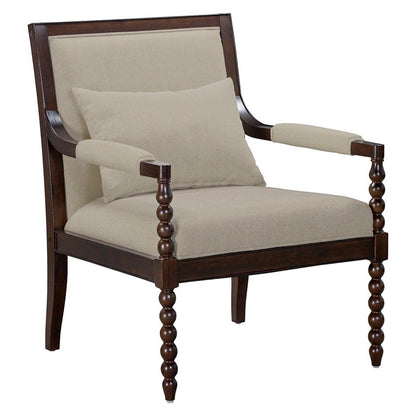Chair with wooden frame and beige cushion on a white background