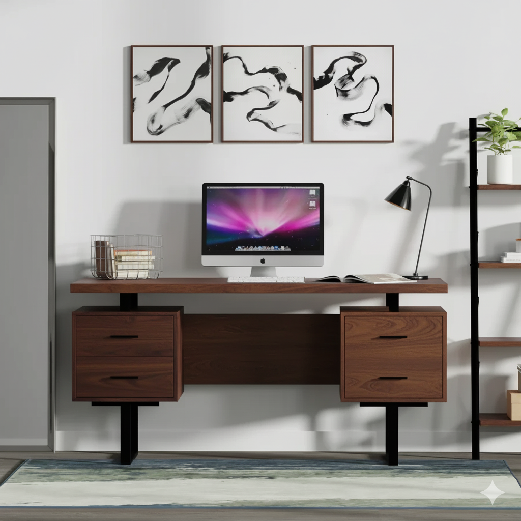Modern office desk with computer setup against a white wall with abstract art.