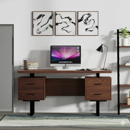 Modern office desk with computer setup against a white wall with abstract art.