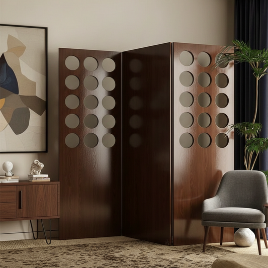 Room divider with circular cutouts in a living room setting