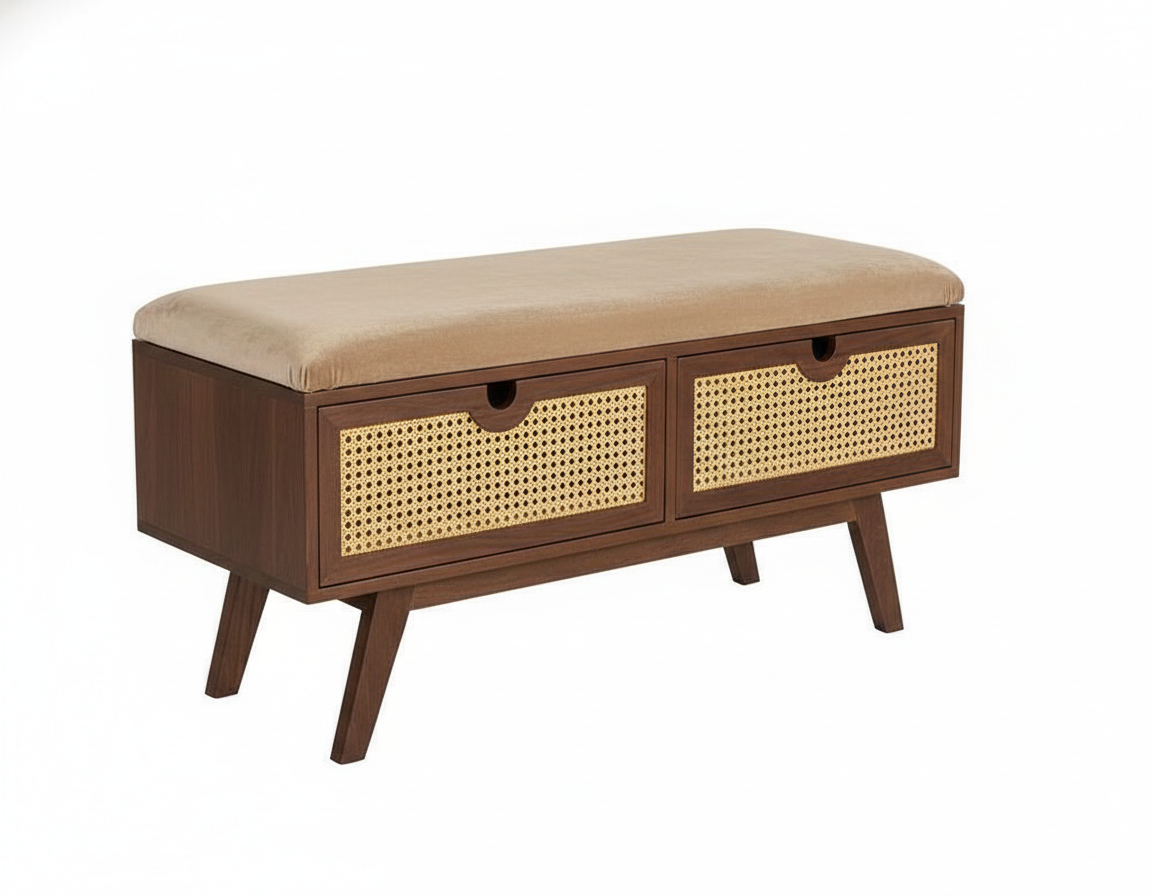 Wooden bench with woven drawers and beige cushion on a white background