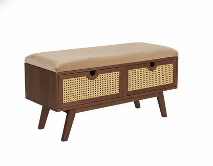 Wooden bench with woven drawers and beige cushion on a white background