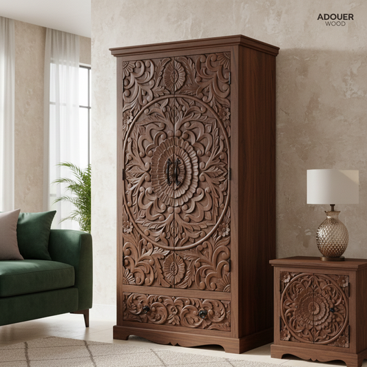 Wooden cabinet with intricate carvings in a living room setting, featuring 'ADOUER WOOD' branding.
