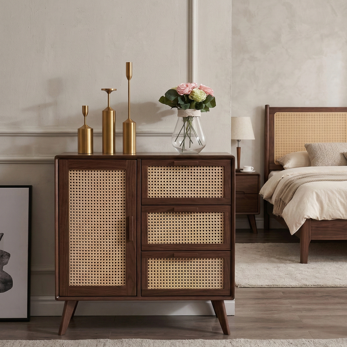 Wooden cabinet with wicker doors in a bedroom setting
