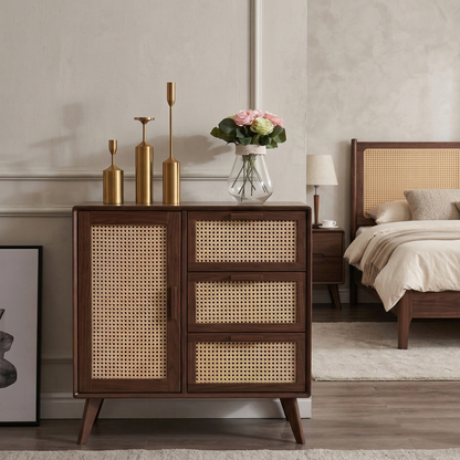 Wooden cabinet with wicker doors in a bedroom setting