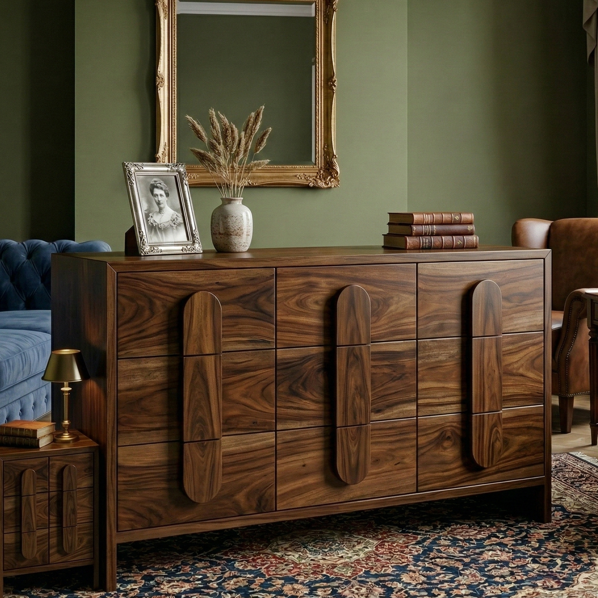 Wooden dresser with decorative items in a room with green walls and a patterned rug.