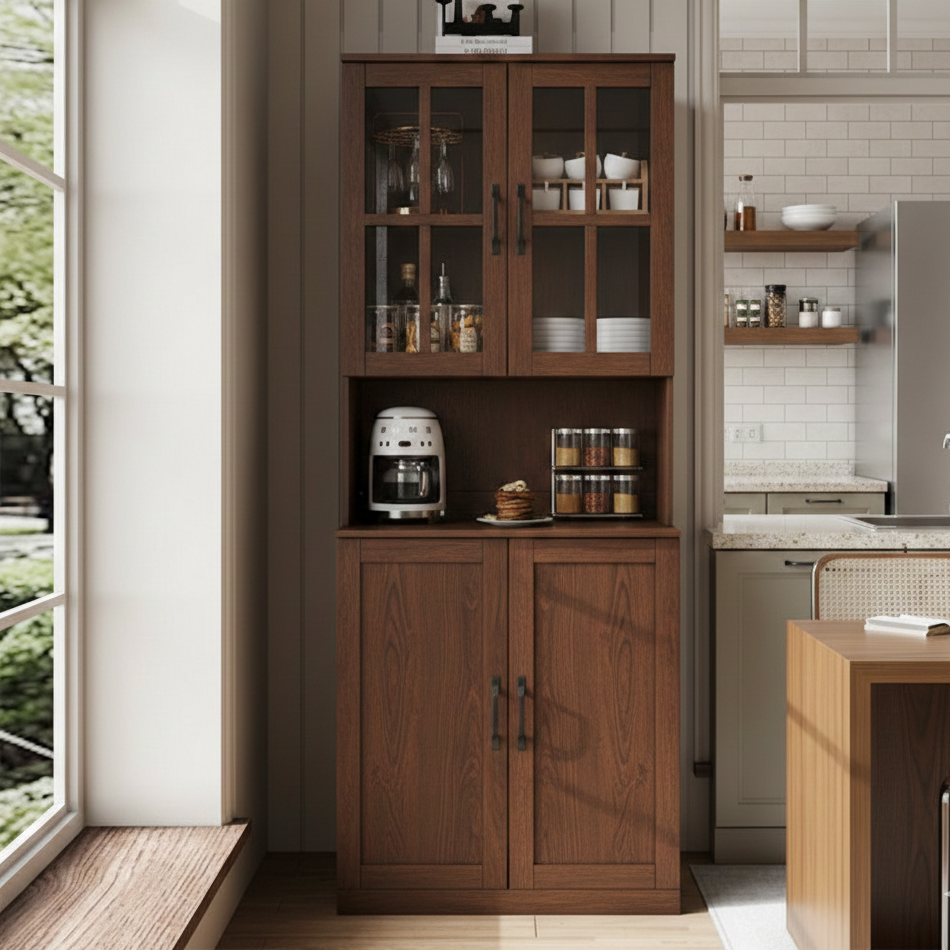 Wooden kitchen cabinet with appliances and items in a modern kitchen setting