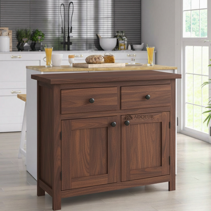 Wooden kitchen island with drawers and cabinets in a modern kitchen setting.