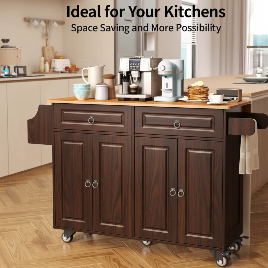 Wooden kitchen island with storage drawers and a wooden countertop, ideal for kitchens.