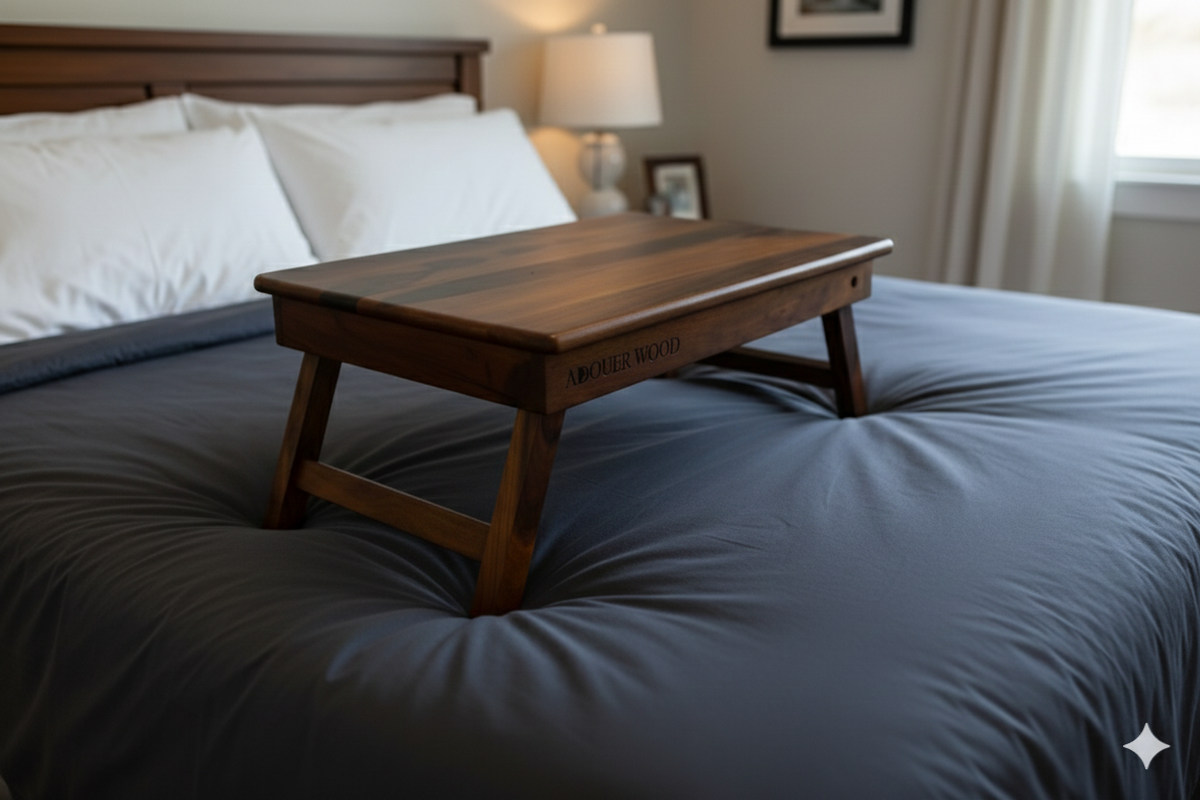 Wooden lap desk on a bed with a blurred bedroom background