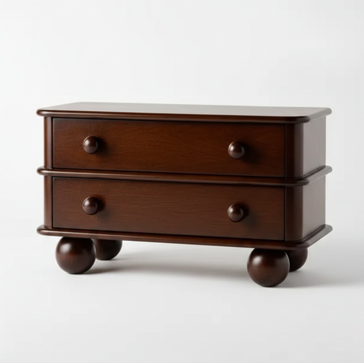Wooden nightstand with two drawers on a white background
