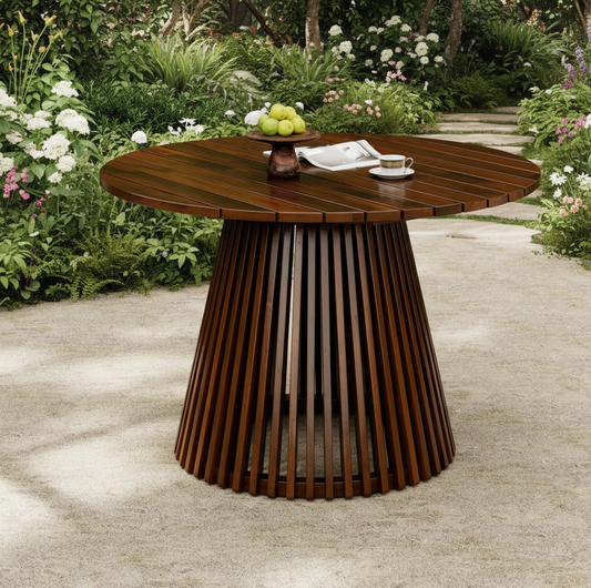 Wooden outdoor table with a garden setting in the background