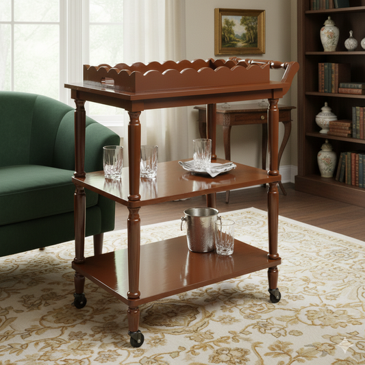Wooden serving cart in a room with a green sofa and bookshelf.