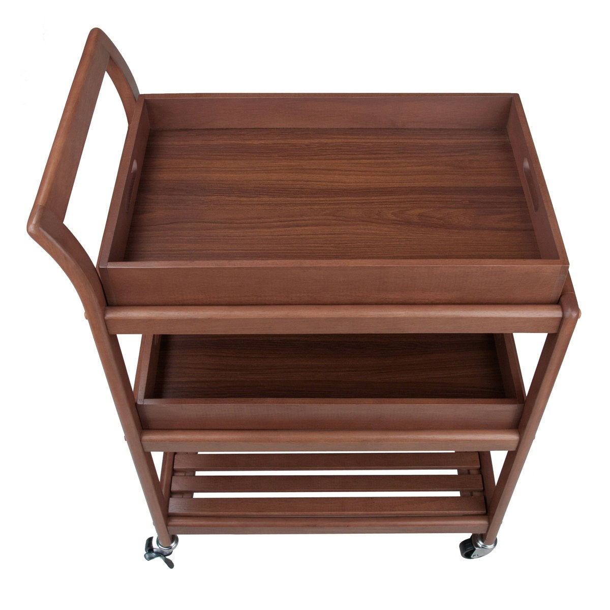 Wooden serving cart with two shelves on a white background
