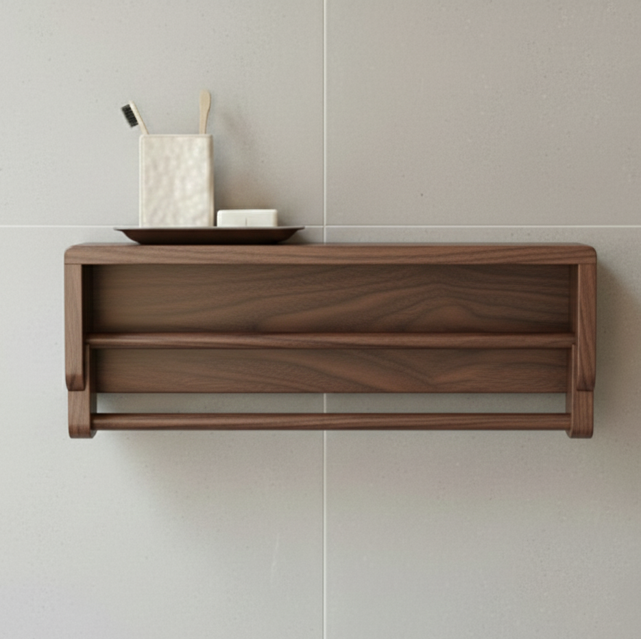 Wooden shelf mounted on a tiled wall with minimal decor.