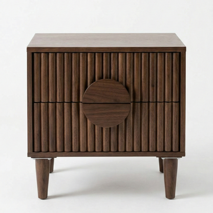 Wooden side table with a circular design on a white background