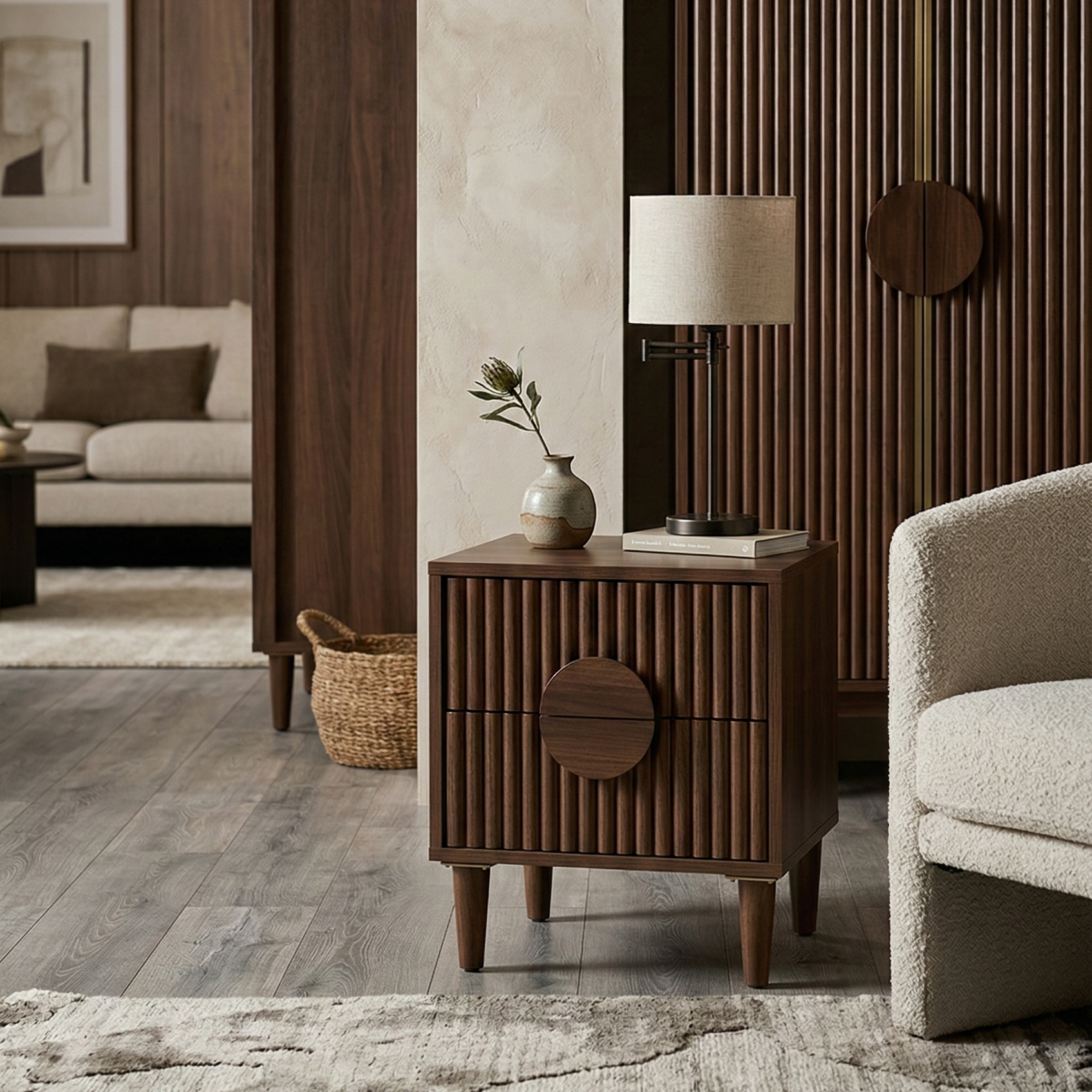 Wooden side table with decorative items in a living room setting