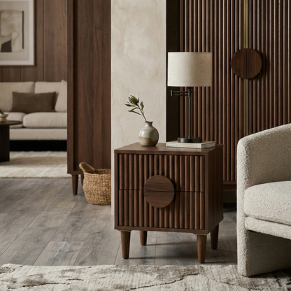 Wooden side table with decorative items in a living room setting