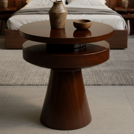 Wooden side table with two levels in a bedroom setting