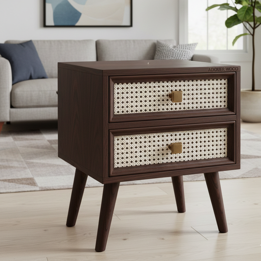 Wooden side table with wicker drawers in a living room setting