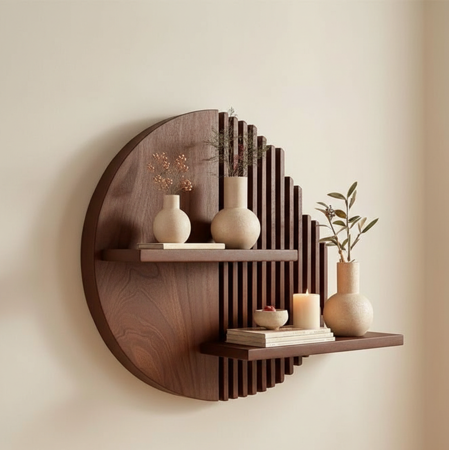Wooden wall shelf with decorative items against a beige wall